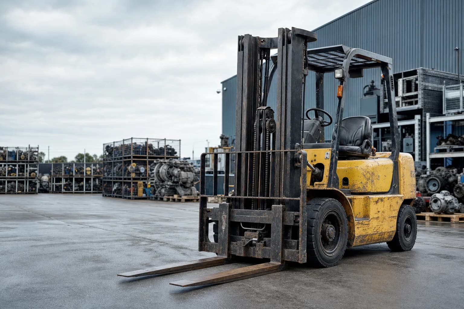 Used counterbalance forklift in an industrial machinery recycling yard
