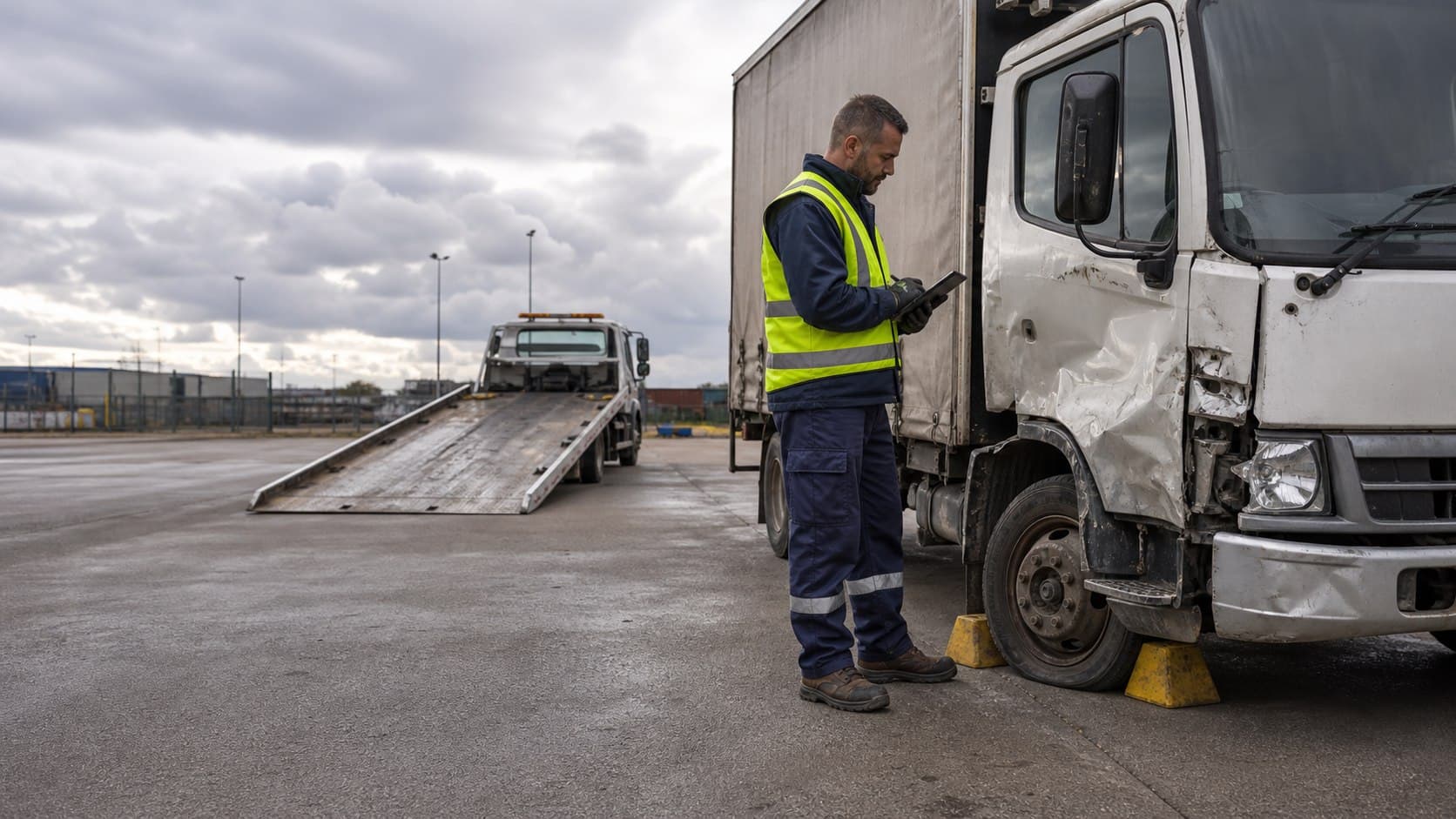 Professional recovery assessor inspecting an accident-damaged truck before collection in Melbourne