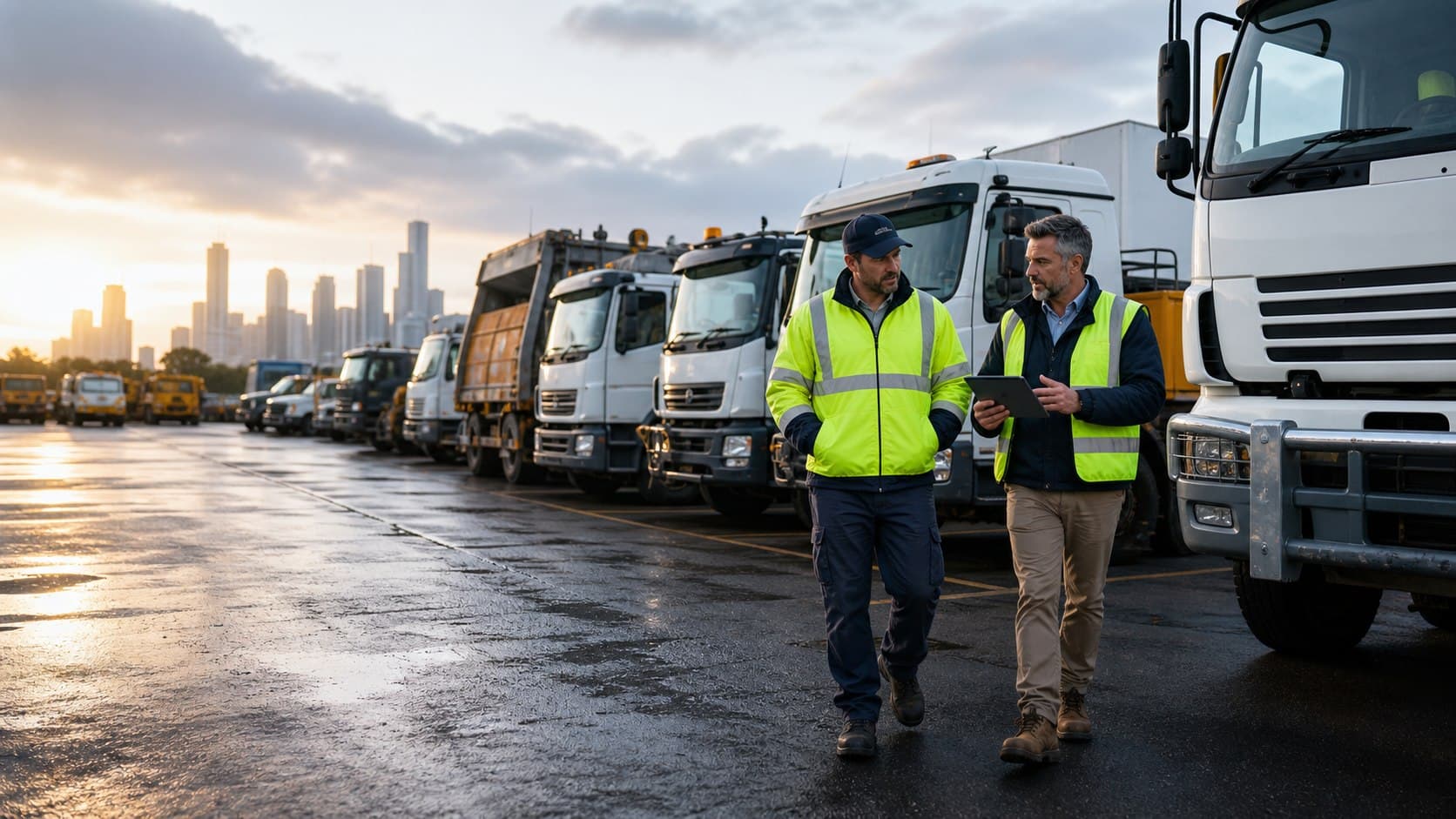 Fleet manager and commercial vehicle assessor reviewing trucks in a Victorian depot