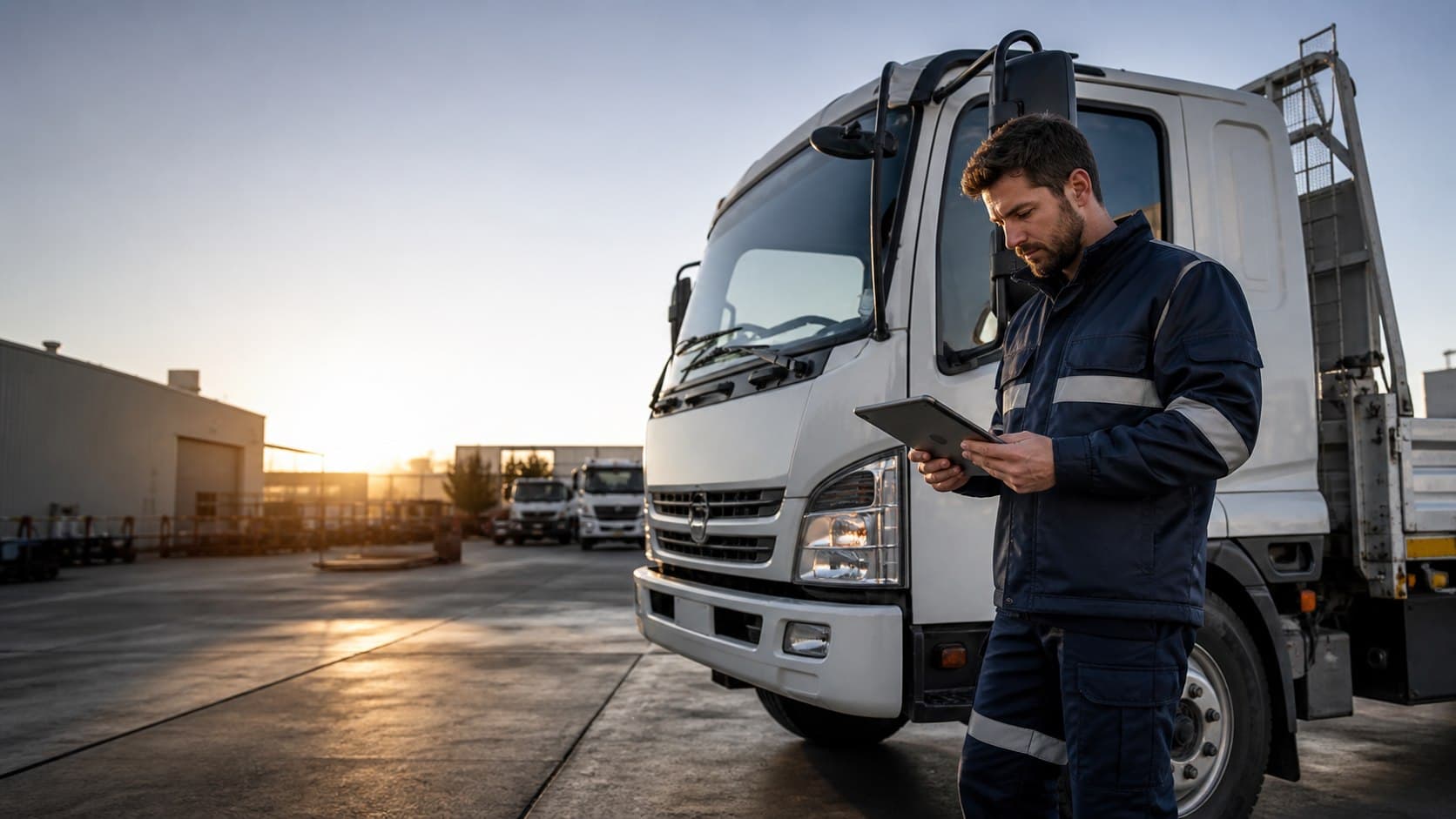 Commercial truck assessor using a tablet beside a cab-over truck in a Victorian industrial yard